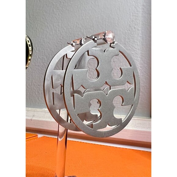 Tory Burch Silver Logo Cutout Miller Hoop Earrings - Picture 3 of 3